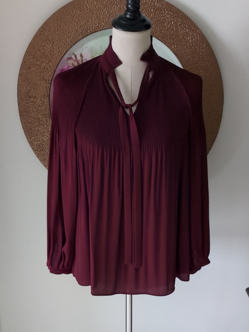 Lauren Ralph Lauren Burgundy Pleated Tie-Neck Blouse